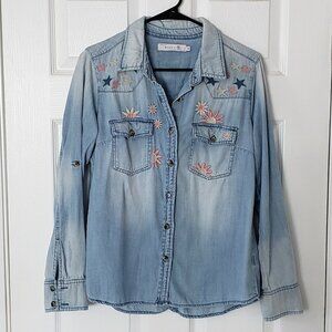 Billy T Denim Flower Embroidered Floral Button Down/Up Shirt Size Small